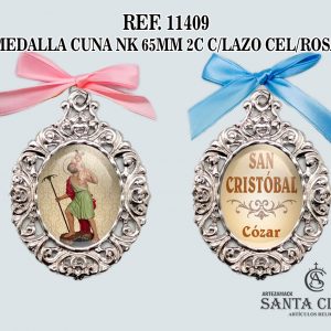 REF. 11409 - MEDALLA CUNA NK 65MM 2C CON LAZO CEL-ROSA