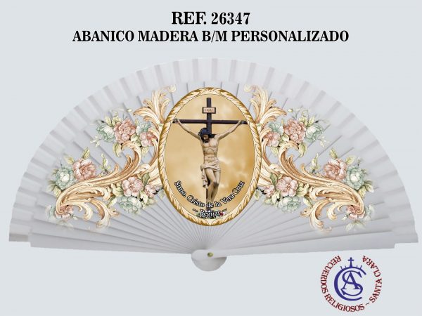 REF. 26347 - ABANICO MADERA BLANCO DISEÑO PERSONALIZADO