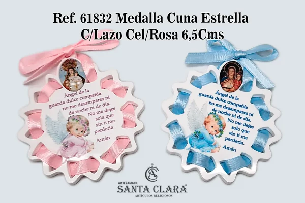 REF. 61832 - MEDALLA CUNA ESTRELLA 65MM C/LAZO CEL/ROSA