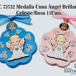 REF. 73732 - MEDALLA CUNA FLOR ÁNGEL BRILLANTE CEL/ROSA 11CMS.
