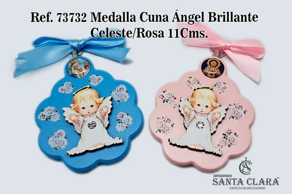 REF. 73732 - MEDALLA CUNA FLOR ÁNGEL BRILLANTE CEL/ROSA 11CMS.