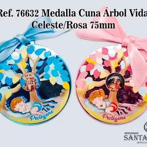 REF. 76632 - MEDALLA CUNA ÁRBOL VIDA CEL/ROSA 75MM