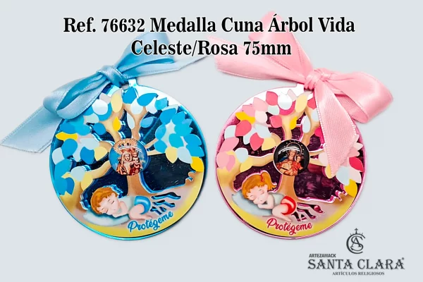 REF. 76632 - MEDALLA CUNA ÁRBOL VIDA CEL/ROSA 75MM