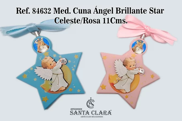 REF. 84632 - MED. CUNA ÁNGEL BRILLANTE STAR 11CMS. CEL/ROSA