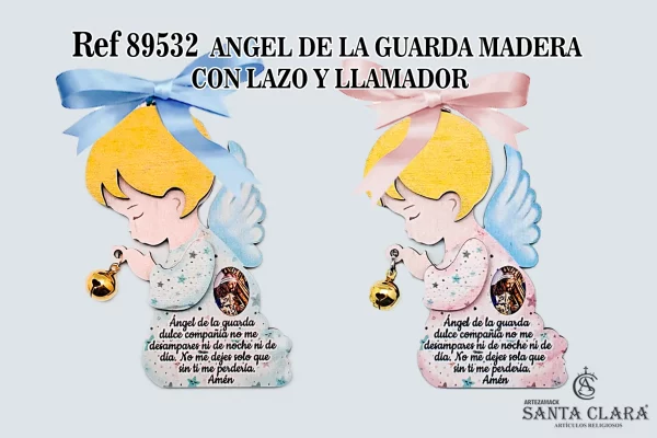 REF. 89532 - ANGEL DE LA GUARDA MADERA CON LLAMADOR Y LAZO CEL/ROSA