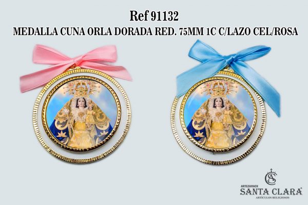 REF. 91132 - MEDALLA CUNA ORLA DORADA RED. 75MM 1C CON LAZO CEL-ROSA