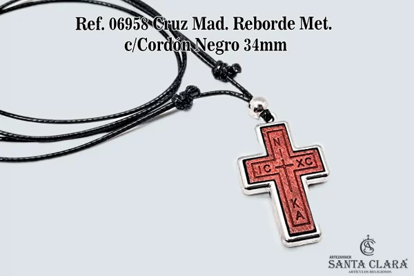 06958 Cruz Mad. Reborde Met. Con Cordón Negro 34mm